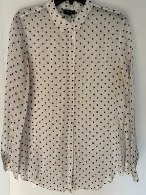 Theory Sheer White Blouse with Black Polka Dots in Size L